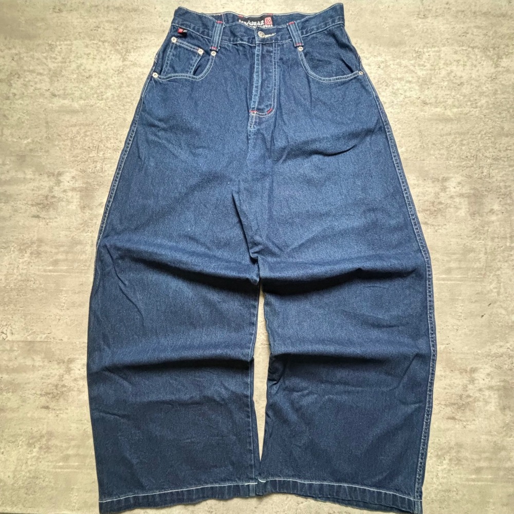 Kikwear Wide Leg Raver Jeans 30 Blue Y2K Baggy Skater D-Ring Contrast Stitch